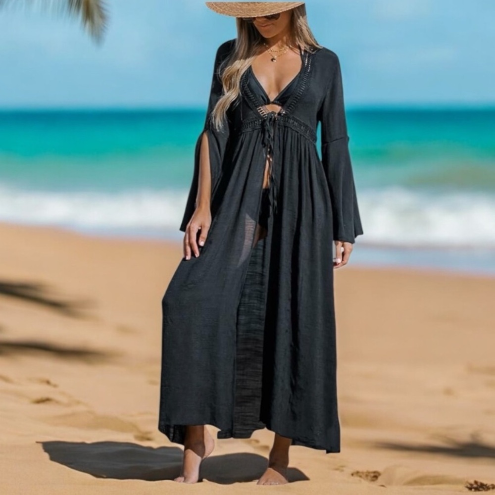 NWT "Aakaa" Elegant Black Maxi Tie Front Beach Cover-Up/Duster w/ Crochet Trim-M